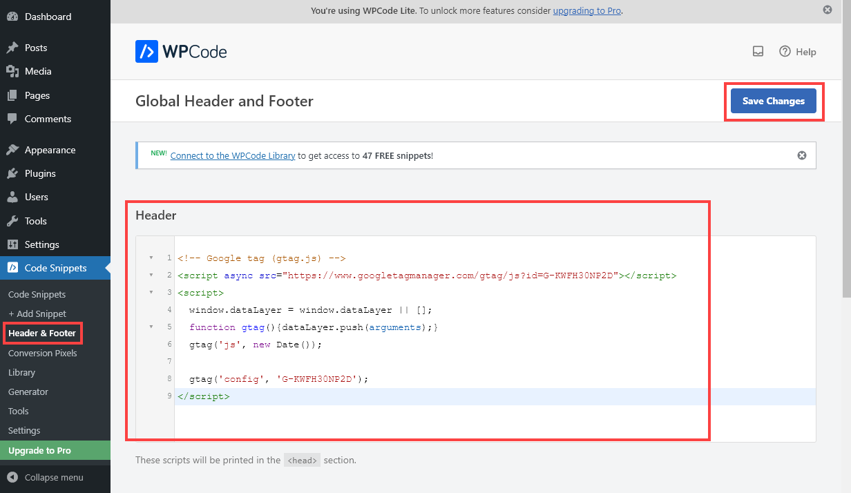 WordPress Admin Area With Code Snippets, Header & Footer Selected and Google Tag Gode Copied Into the Header Box