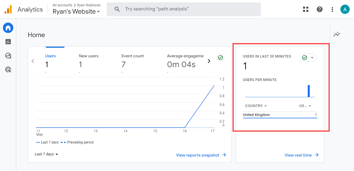 Google Analytics Account Shown With a Single User Active in the Past 30 Minutes, Indicating the Data Stream is Working