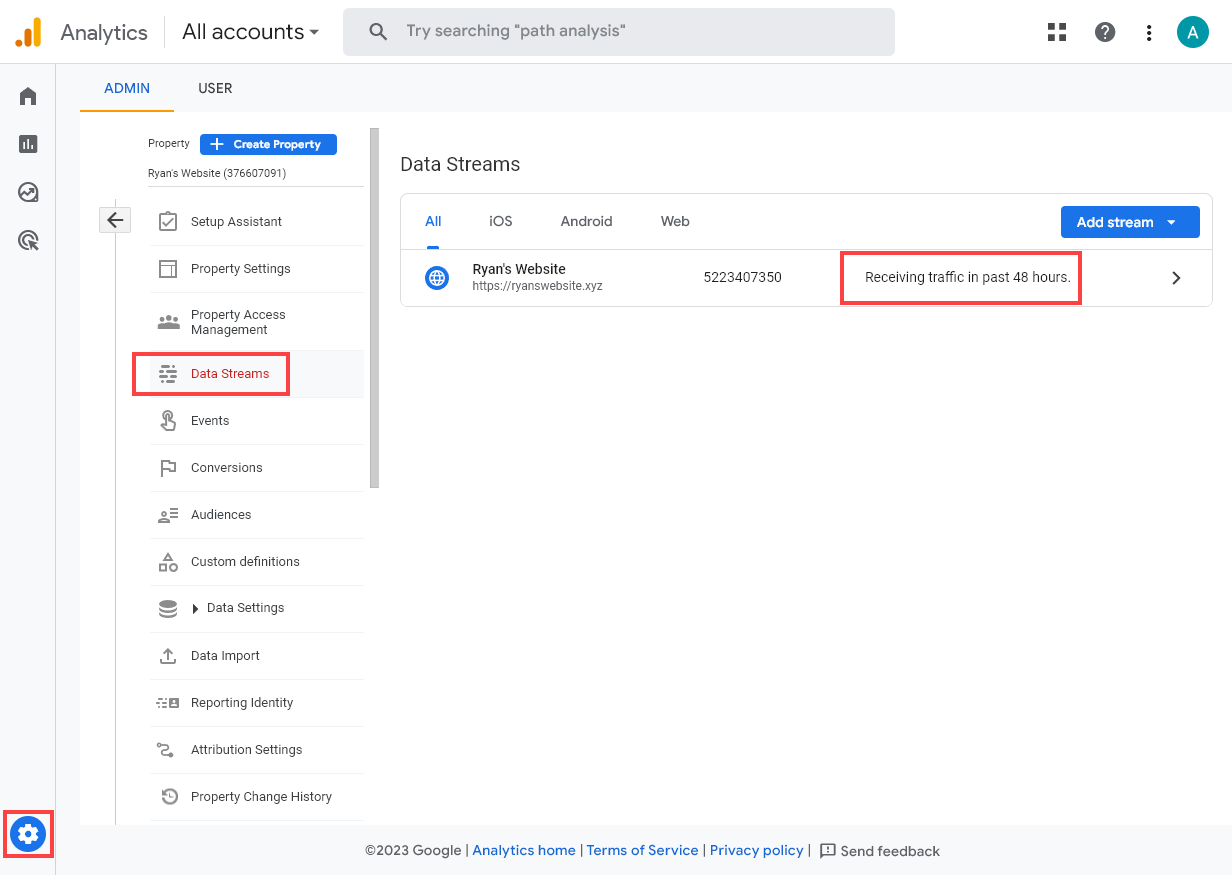 Google Analytics Account Data Streams Shown With the Web Stream Indicated to be Receiving Traffic in Past 48 Hours