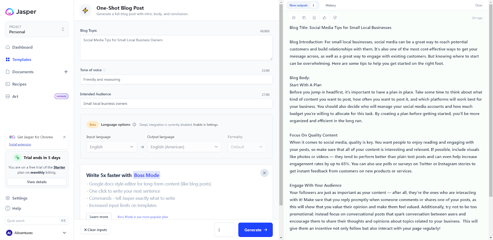 AI Blogging Tool Jasper Screenshot Showing the One-Shot Blog Post Tool, With Topic and Paremeters on the Left and Generated Text on the Right