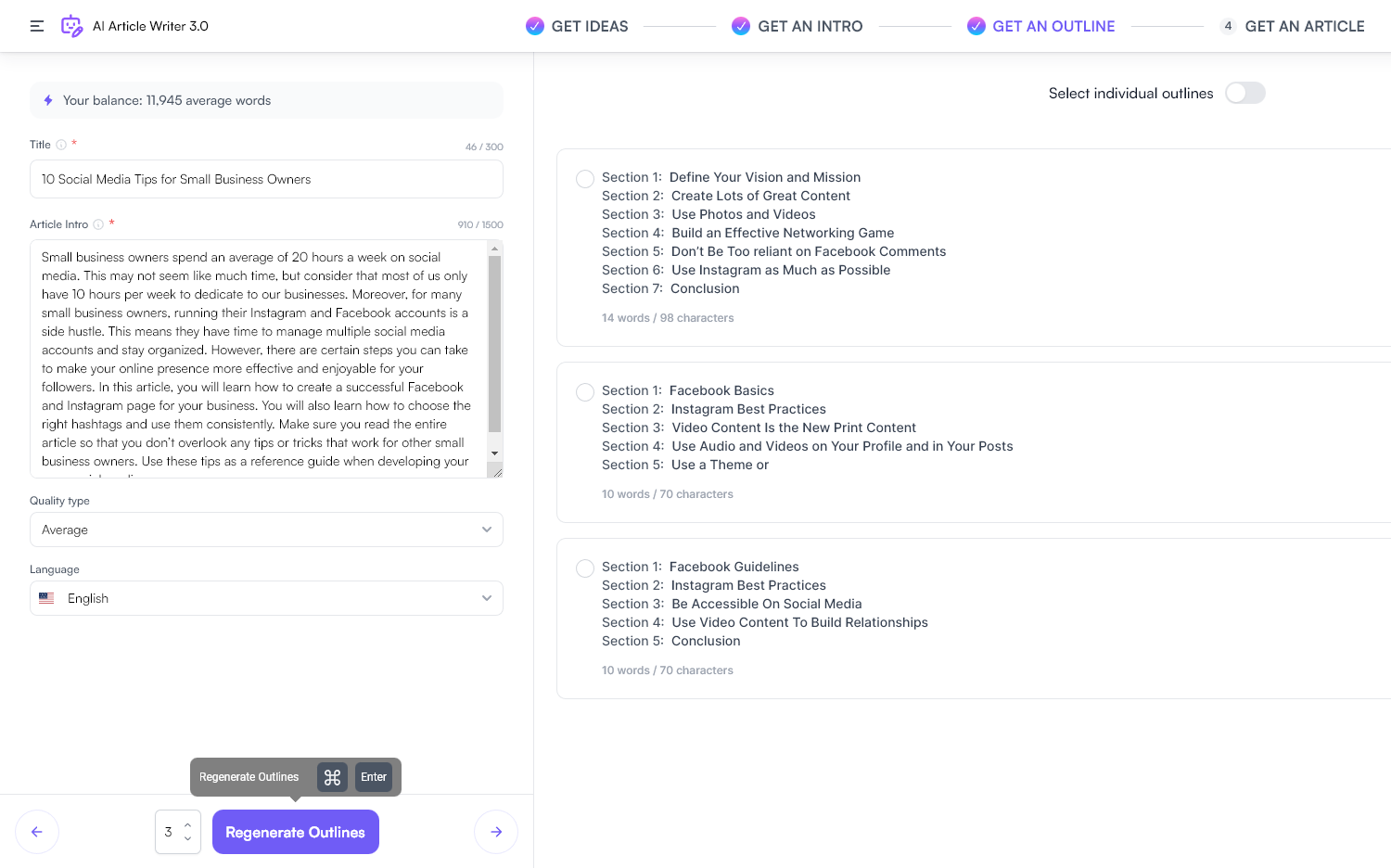 AI Blogging Tool Writesonic Party Way Through Creating a Blog Post, With Article Title and Generated Intro on the Left, Plus Outline Options on the Right