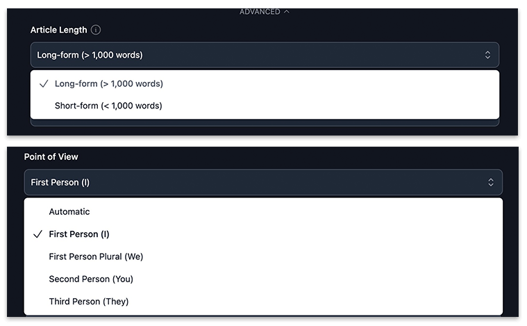 AI Article Length and Point of View Options (Screenshot)