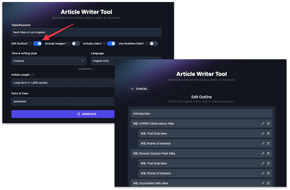 AI Article Outline Process (Screenshot Example of AI Writing Tool Outline)