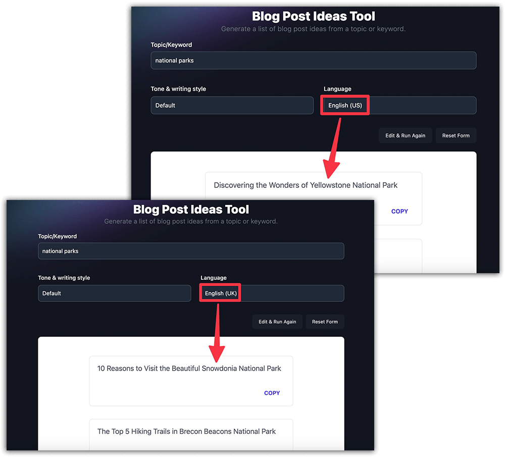 RightBlogger Blog Idea Generator Tool Country and Language Example (US vs UK) Screenshot