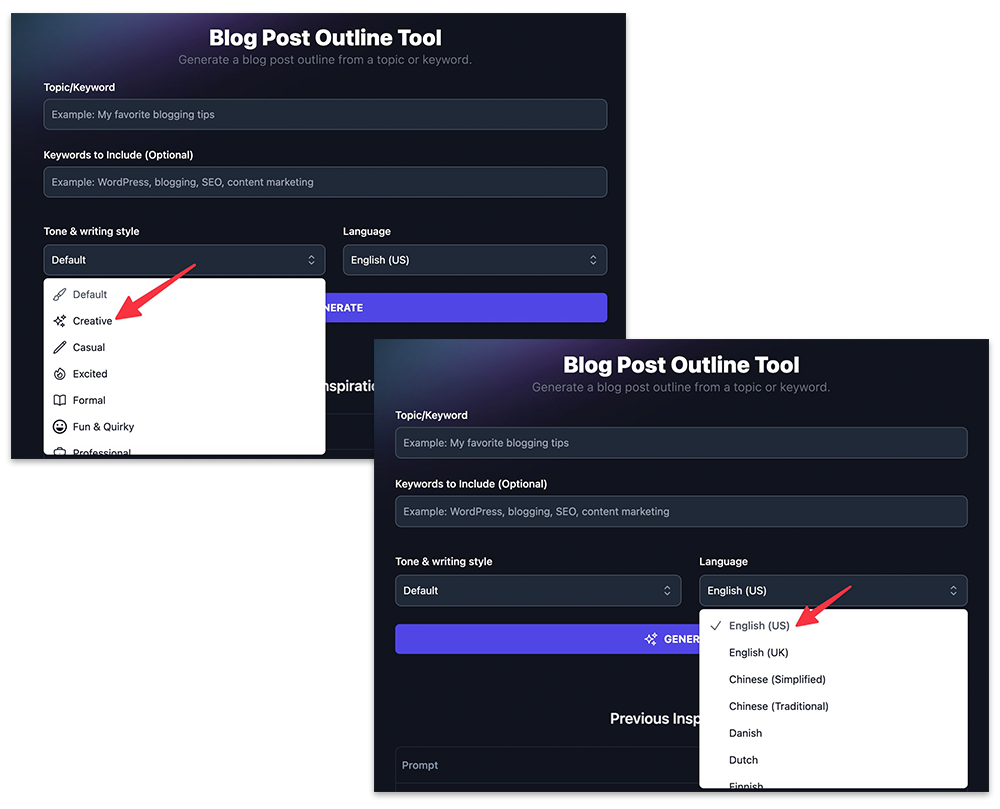 Blog Post Outline Tool in RightBlogger (Screenshot) of Tone and Language Options