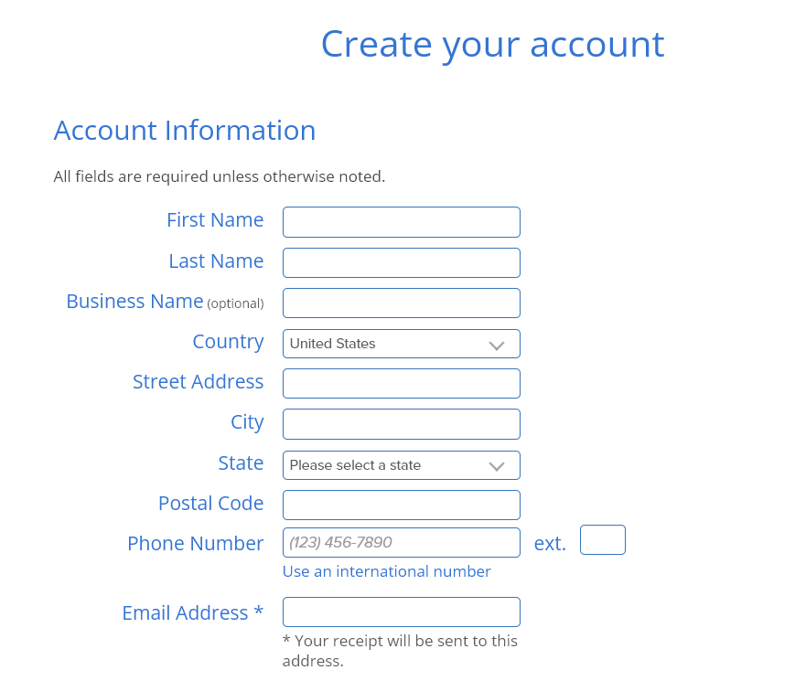 The Bluehost account creation screen for new blogs and websites