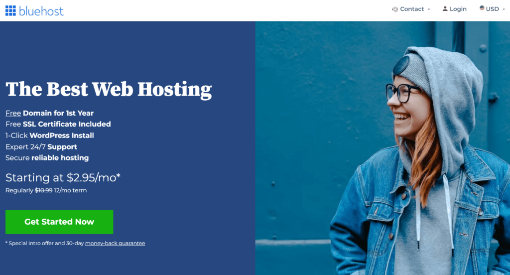 The Bluehost website's front page with their beginner bloggers' offer