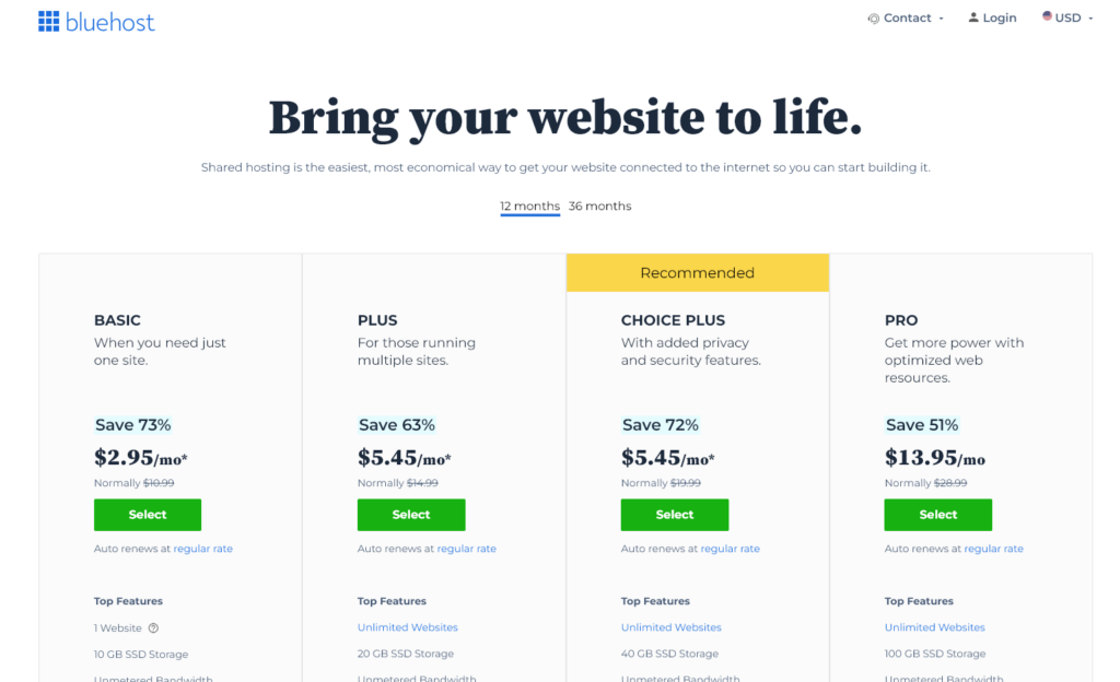 The Bluehost pricing plans: Basic Plus,    (I recommend Choice Plus for beginner bloggers)