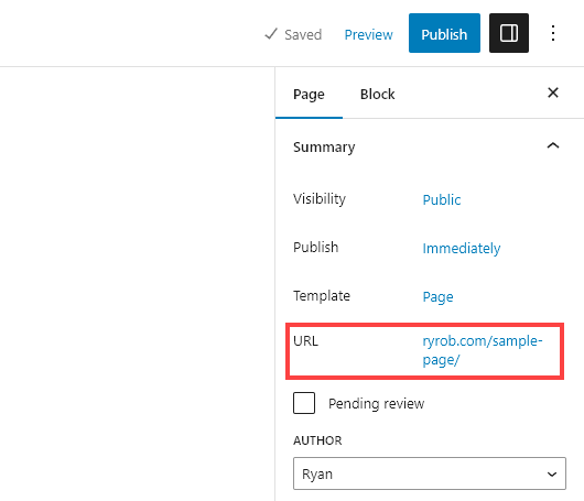 The URL of a WordPress post shown in the Page settings for the post