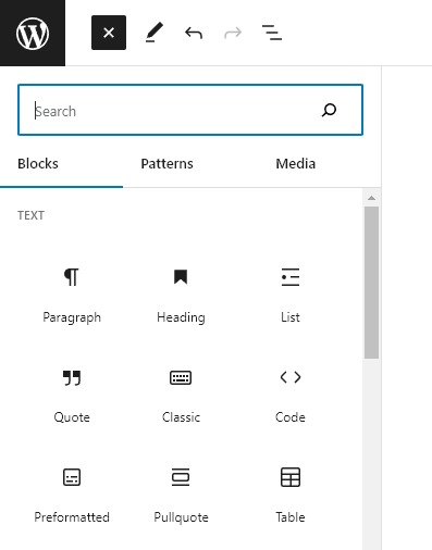 A list of blocks to choose from in the WordPress block editor
