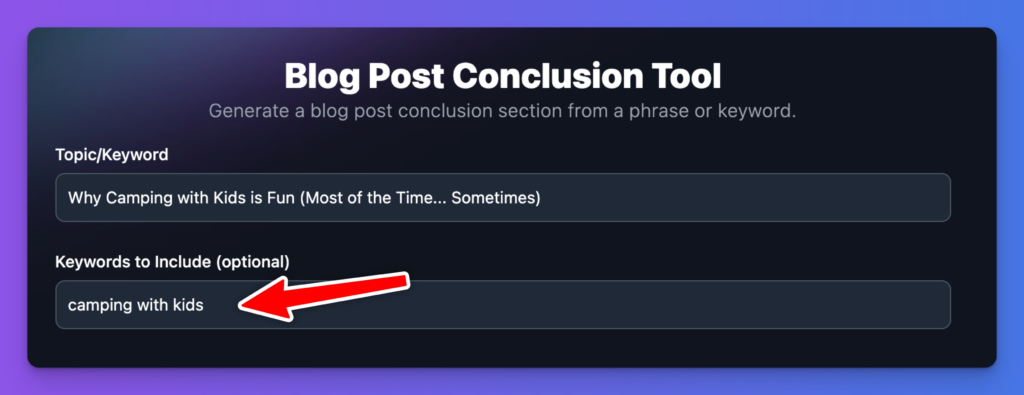 Add Keywords to Your Blog Post Conclusion Writer Tool (Screen Shot)