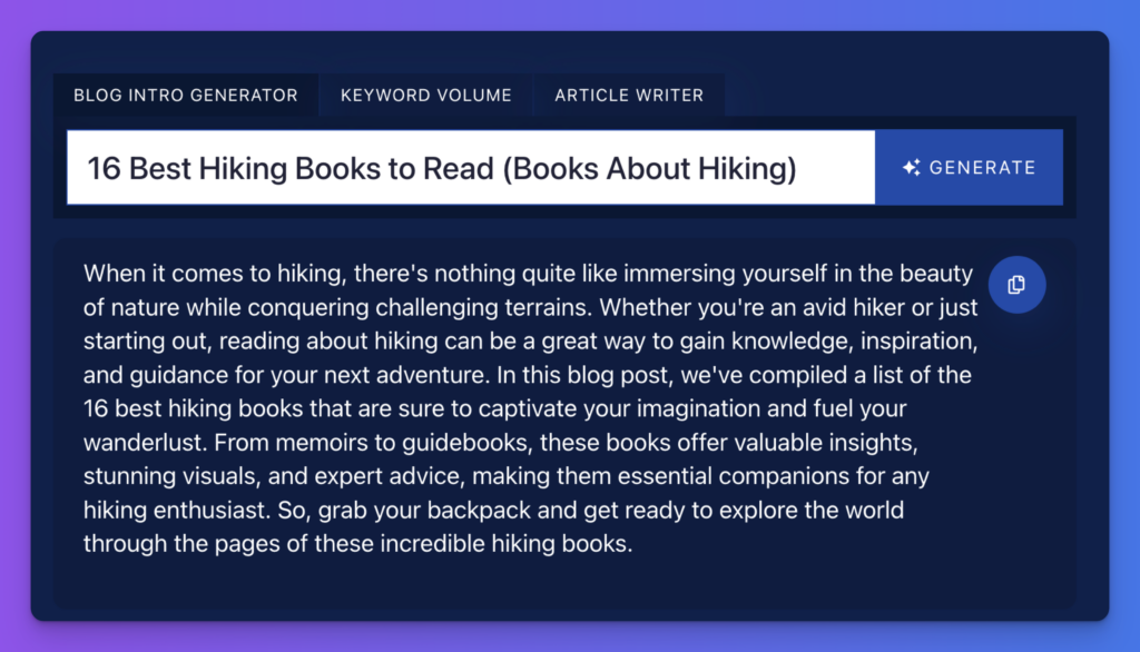 Blog Post Introduction Generator Sample Result (Hiking Books) Screen Shot