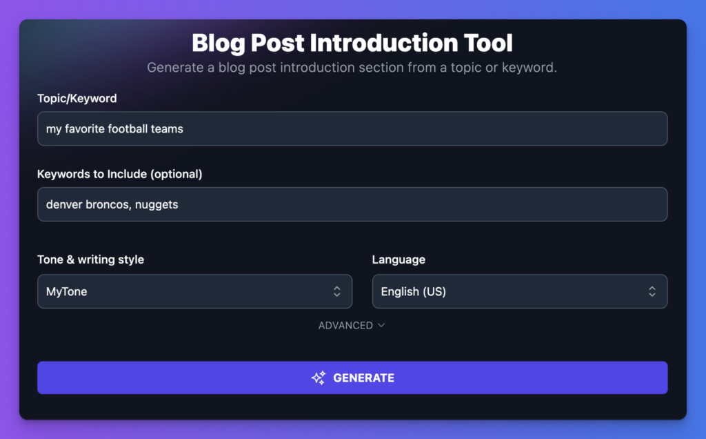 Example of Blog Post Introduction Writer in RightBlogger (Screen Shot)