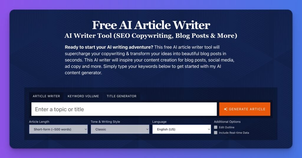 Free AI Article Writer (Screen Shot of AI Writer Tool) for SEO Copywriting, Blog Posts and More