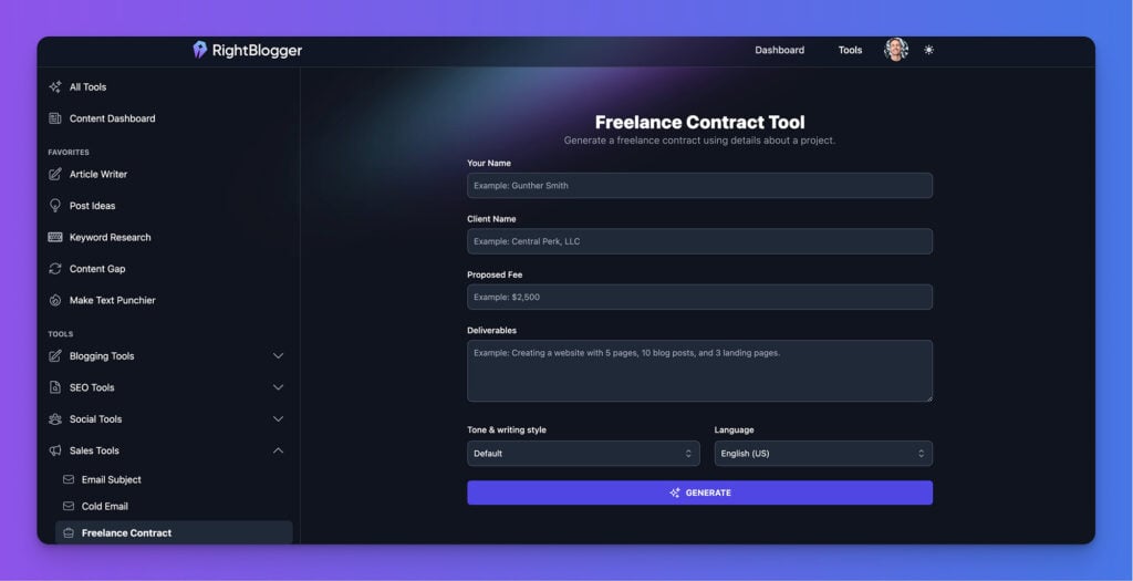 Freelance Contract Generator by RightBlogger (Screen Shot) ryrob