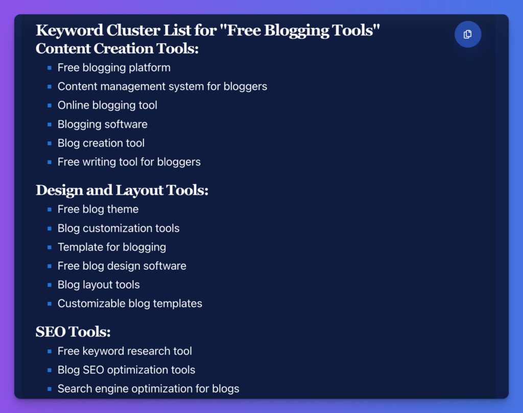 Keyword Cluster Example (Long-Tail Search Term) Screen Shot