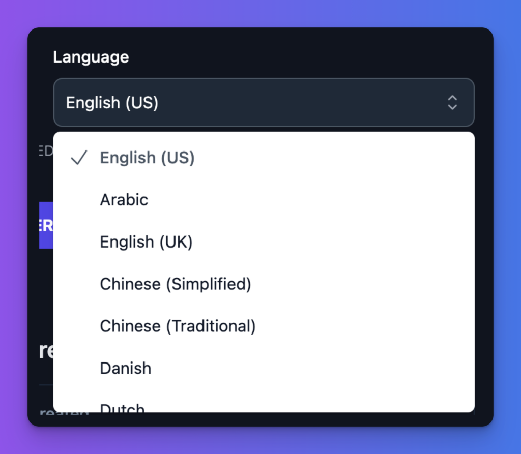 Language Options (Screen Shot) in RightBlogger