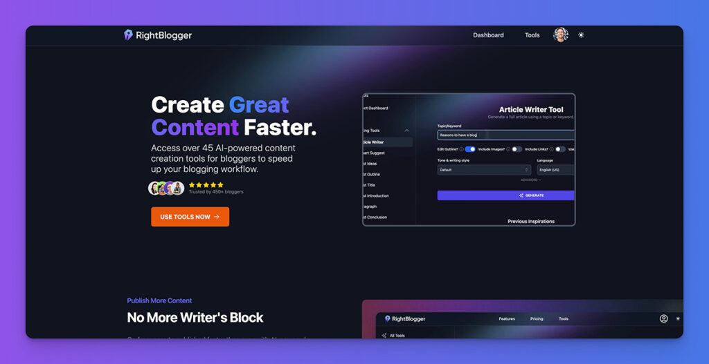 RightBlogger Content Creation Tools for Bloggers (Homepage Screen Shot) ryrob CTA