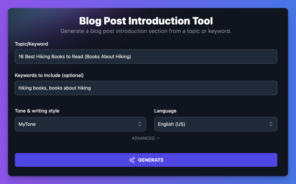 Where to Input Keywords into Your Blog Introduction in RightBlogger (Screen Shot)