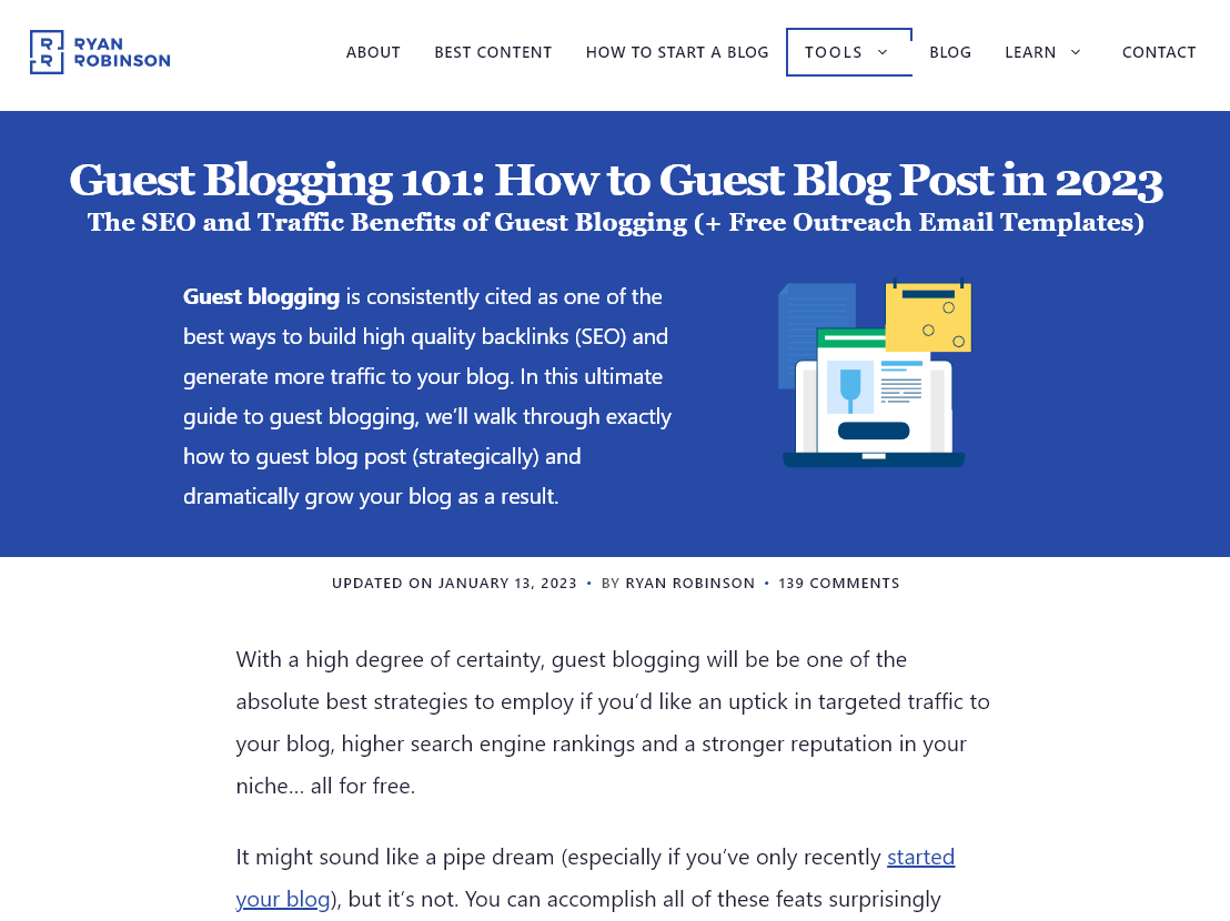 Screenshot of a blog post example from RyRob.com (Guest Blogging 101: How to Guest Blog in 2023)
