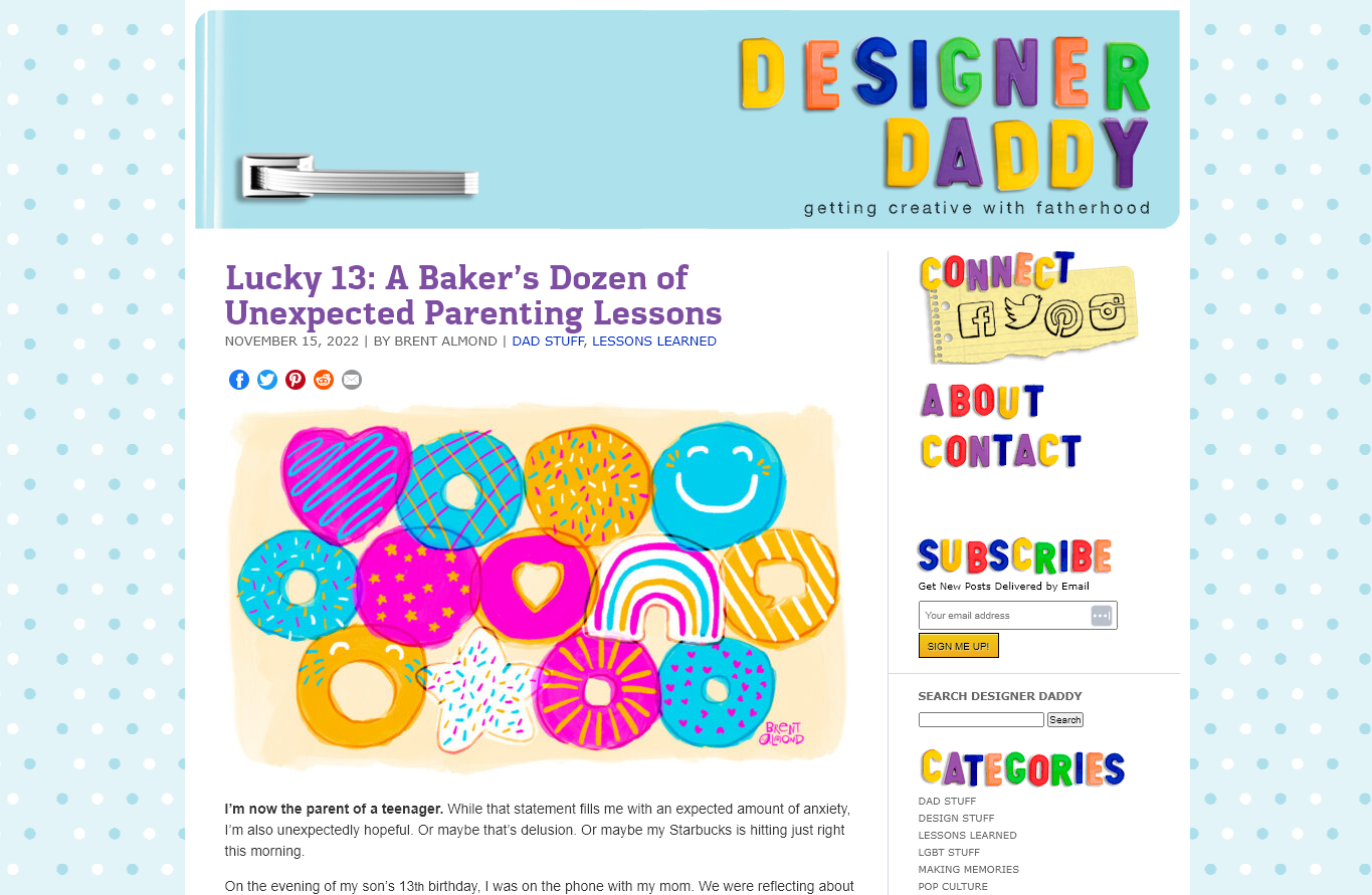 Screenshot of a blog post example from Designer Daddy (Lucky 13: A Baker’s Dozen of Unexpected Parenting Lessons)