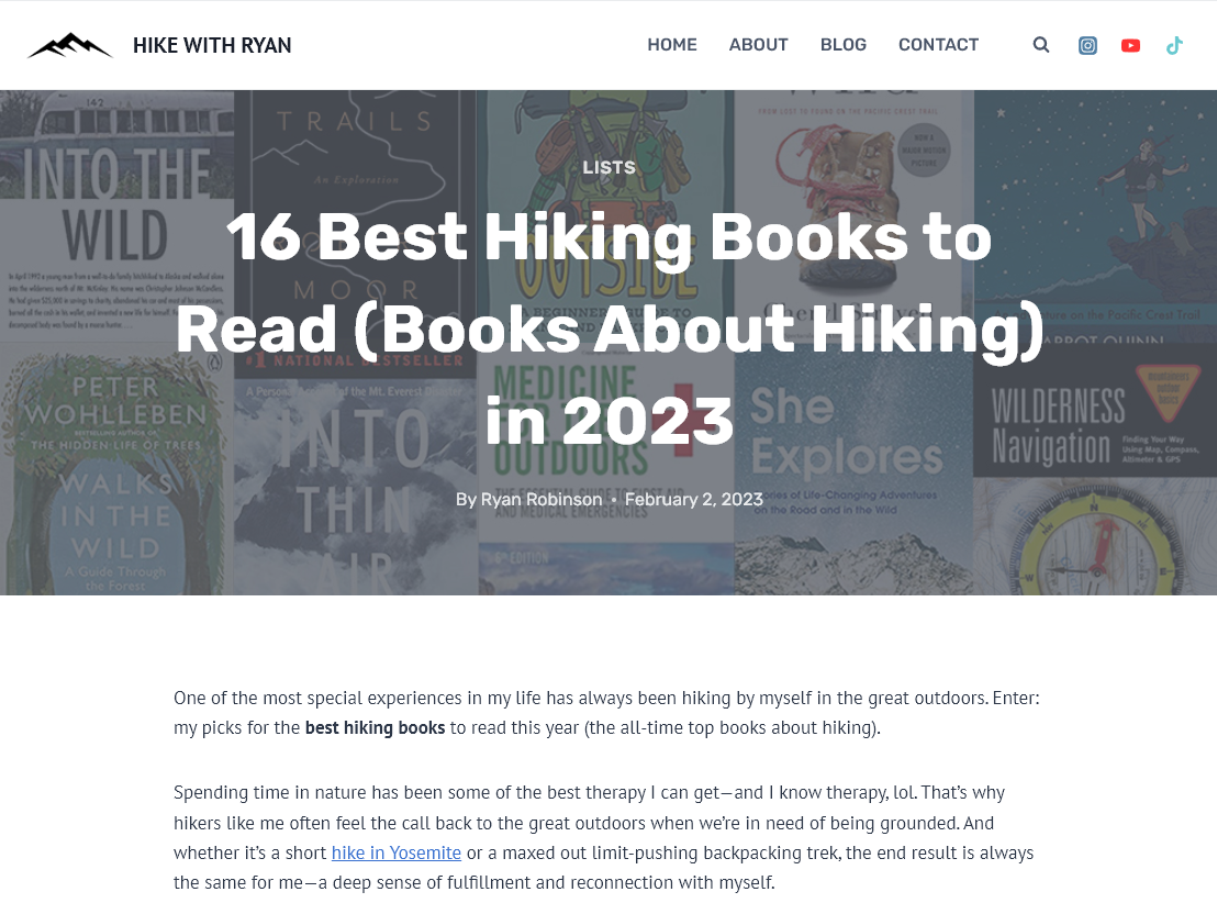 Screenshot of a blog post example from Hike With Ryan (16 Best Hiking Books to Read (Books About Hiking))