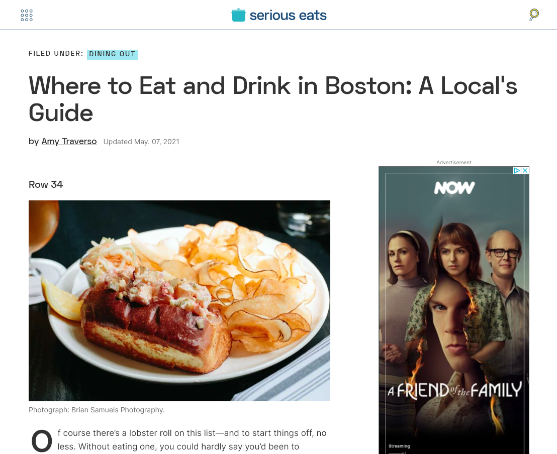Screenshot of a blog post example from Serious Eats (Where to Eat and Drink in Boston: A Local’s Guide)