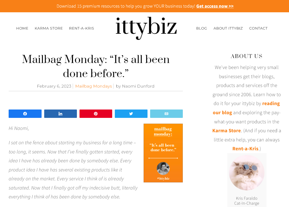 Screenshot of a blog post example from Ittybiz (Mailbag Monday: “It’s all been done before.”)