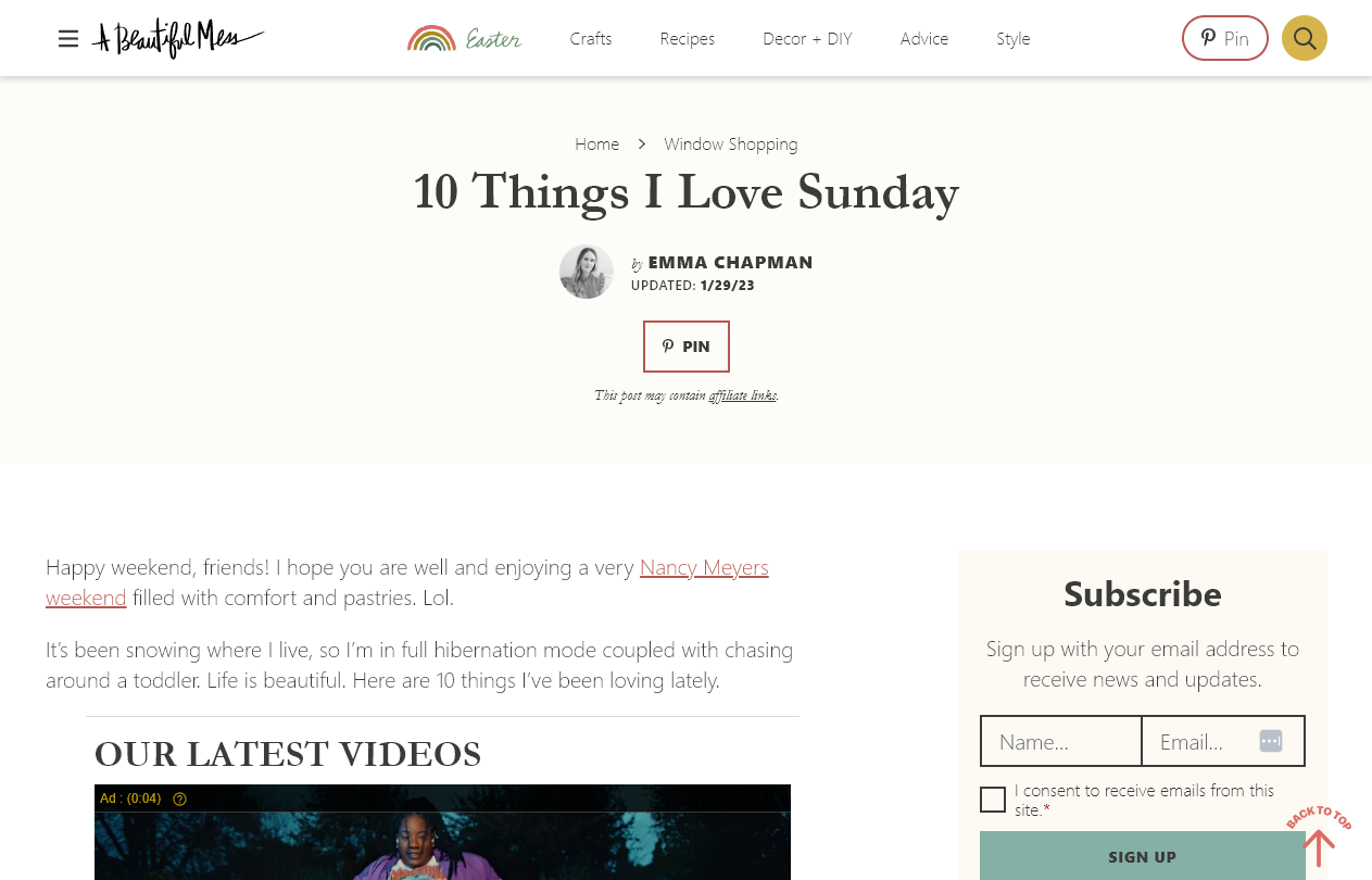 Screenshot of a blog post example from A Beautiful Mess (10 Things I Love Sunday)