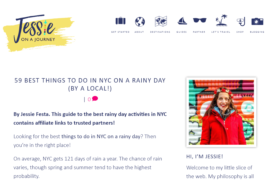 Screenshot of a blog post example from Jessie On A Journey (59 Best Things to Do in NYC on a Rainy Day: By a Local!)
