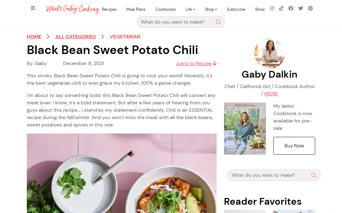 Screenshot of a blog post example from What’s Gaby Cooking (Black Bean Sweet Potato Chili)