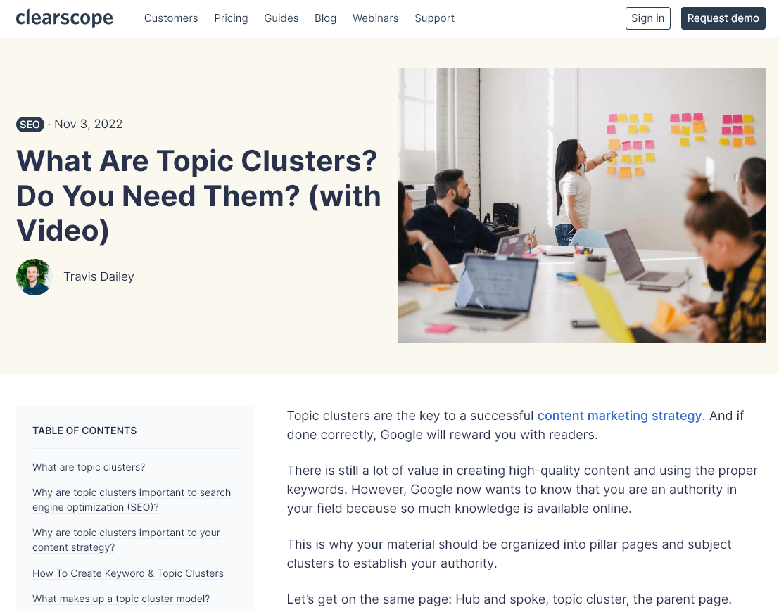 Screenshot of a blog post example from Clearscope (What Are Topic Clusters? Do You Need Them?)