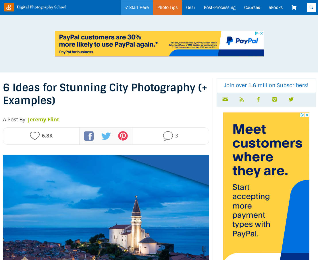 Screenshot of a blog post example from Digital Photography School (6 Ideas for Stunning City Photography)