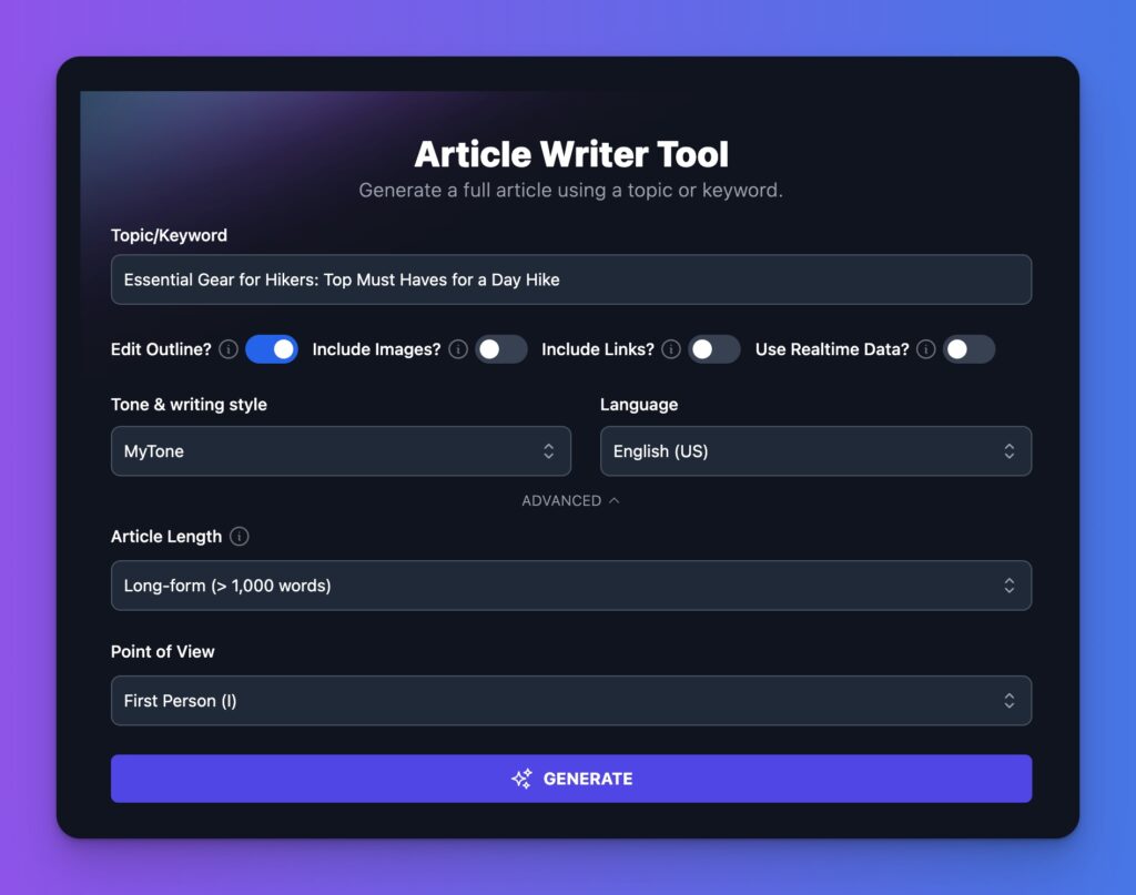 AI Article Writer Tool in RightBlogger (Screen Shot of Options)