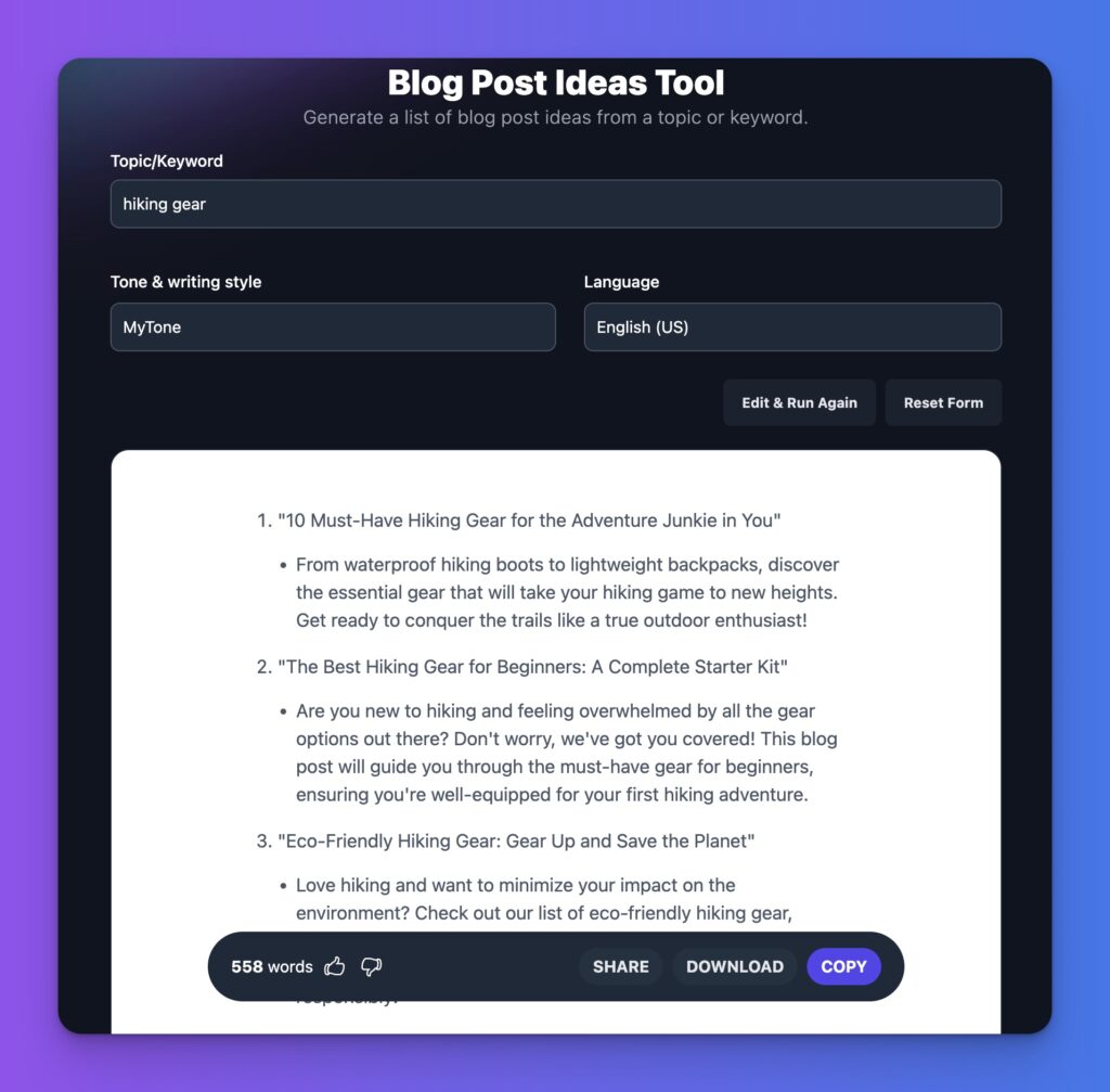 AI Blogging Tool for Post Ideas, Screenshot Showing Keyword Hiking Gear and 3 Generated Ideas