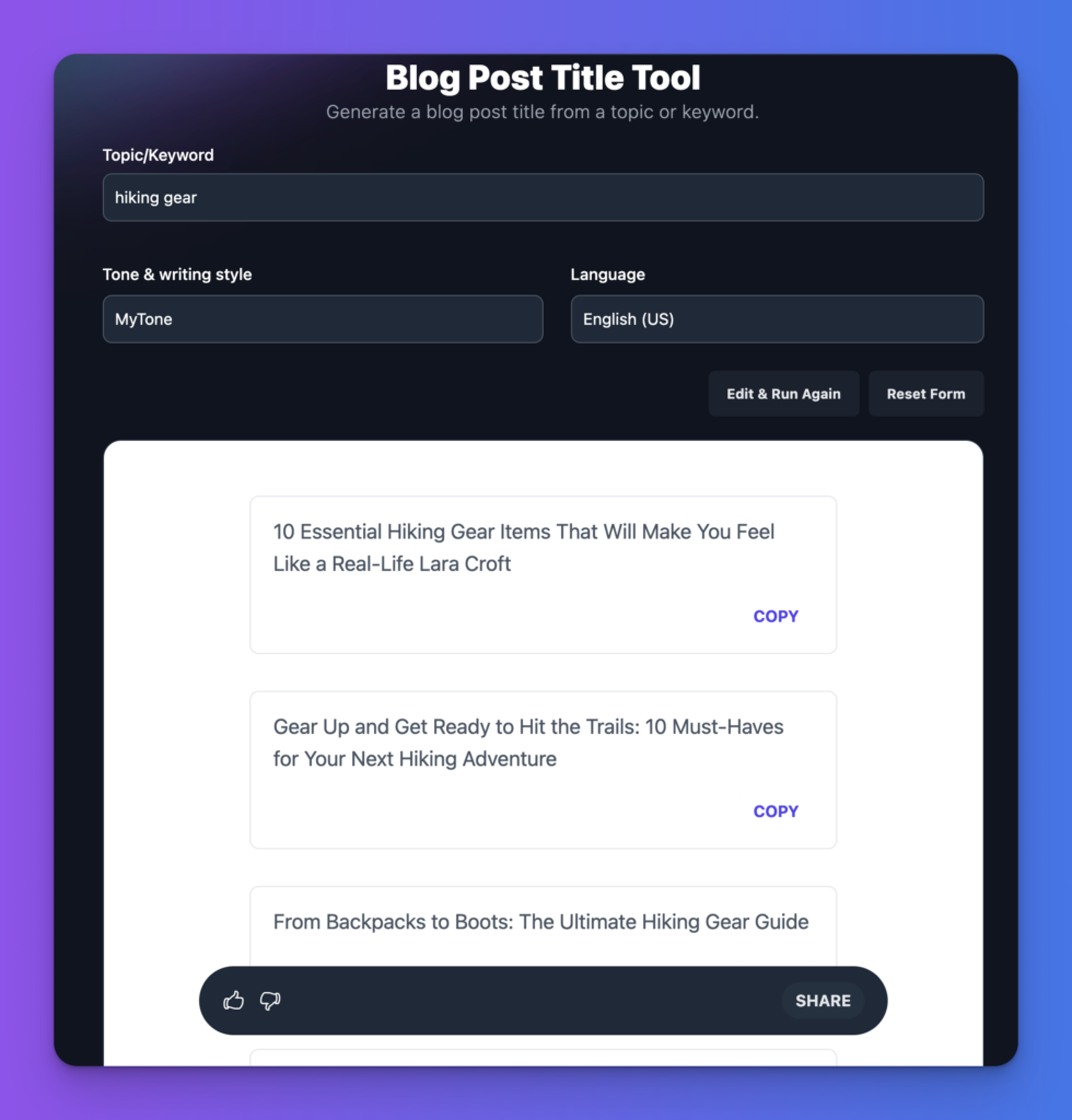 AI Blogging Tool for Post Ideas, Screenshot Showing Keyword Hiking Gear and 3 Generated Ideas
