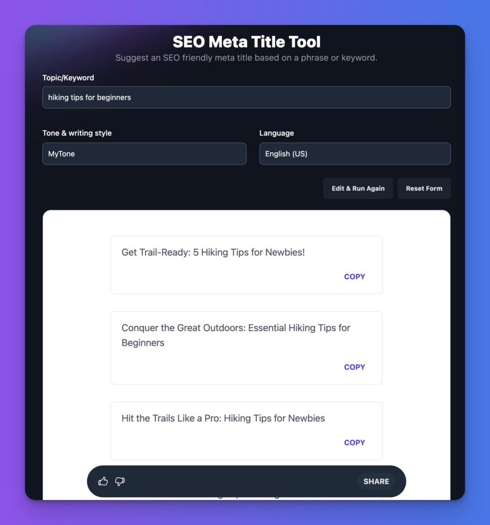 AI Meta Title Generator Tool for Bloggers (Screen Shot of Example)
