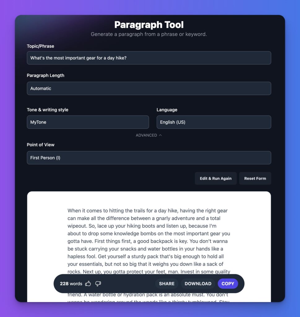 Blogging AI Example (Paragraph Generator Tool Screen Shot) in RightBlogger