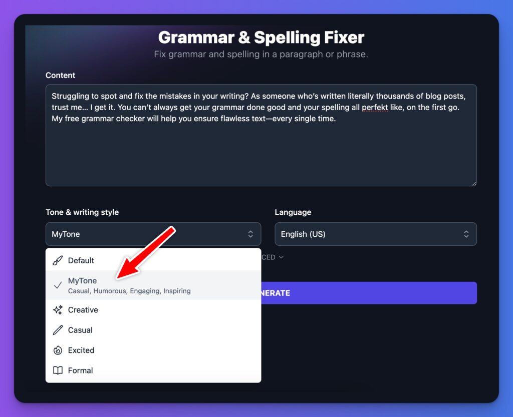 Example of Setting Tone for Grammar Fixer and Spell Checker Tool (Screen Shot)