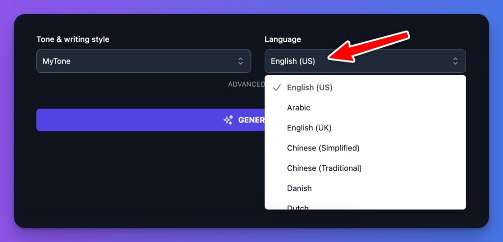 Language Options for Grammar Fixer Tool (Screen Shot)