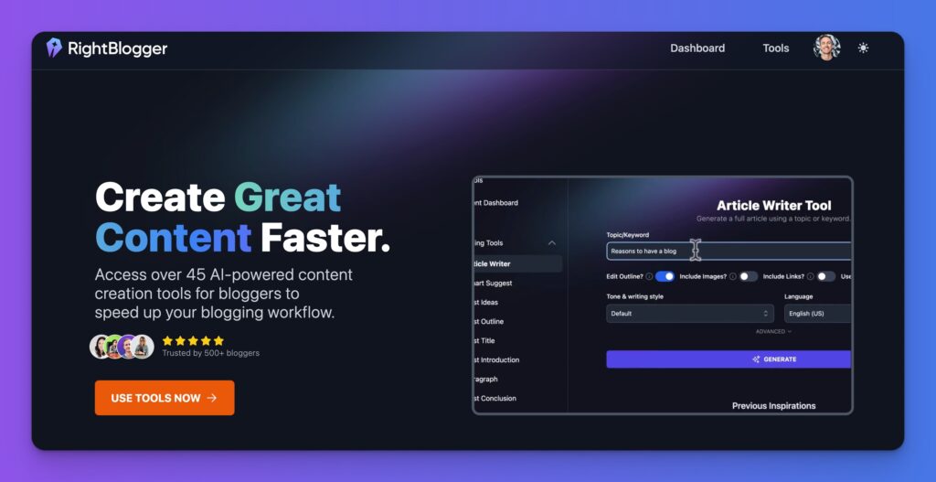 RightBlogger Homepage (50 Tools for Bloggers and AI Powered Tools)