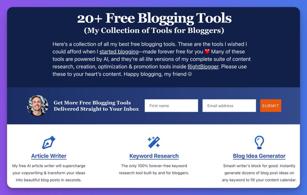 Free Blogging Tools by Ryan Robinson ryrob (Free Tools for Bloggers) CTA Image