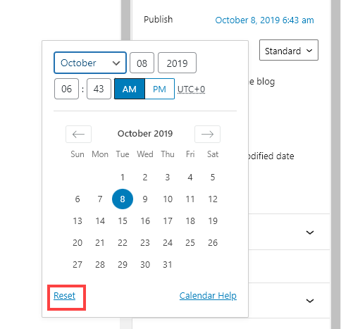 Screenshot showing the calendar where you can Reset the publish date of your post