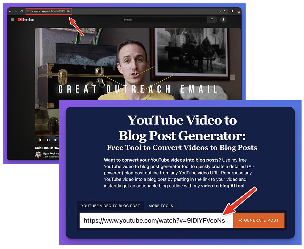 Free YouTube Video to Blog AI Converter Tool (Screen Shot of Real Example)