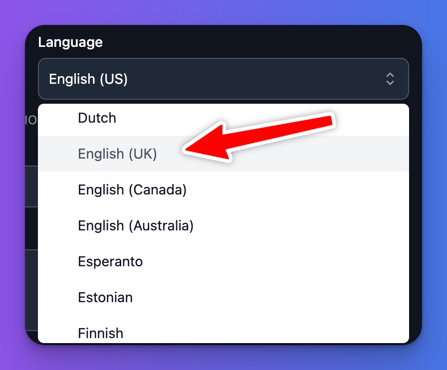 Language Options for Video to Blog AI Converter (Screen Shot)