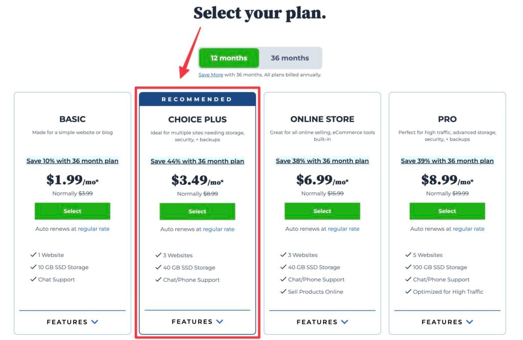 Selecting Your Bluehost Blog Hosting Plan (Choice Plus) Screen Shot of Plans and Pricing