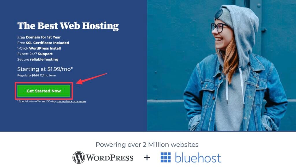 Start a Blog with Bluehost Web Hosting Plans (WordPress Blog) and Domain Names - Screen Shot of Bluehost Homepage