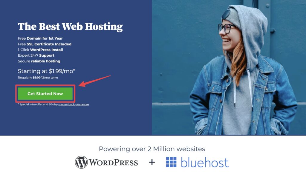 Start a Blog with Bluehost Web Hosting Plans (WordPress Blog) and Domain Names - Screen Shot of Bluehost Homepage