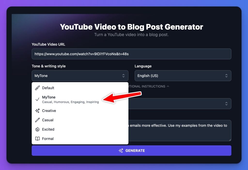 Writing Tone and Style Adjustment to Video to Blog AI Tool (Screen Shot)