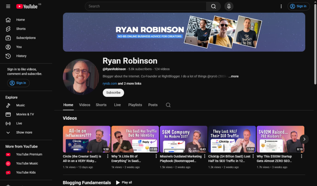 Ryan Robinson's YouTube account, showing recent videos